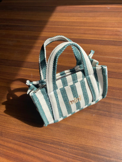 VİBE KANVAS YEŞİL BEYAZ ÇİZGİLİ KADIN MİNİ EL VE OMUZ ÇANTASI