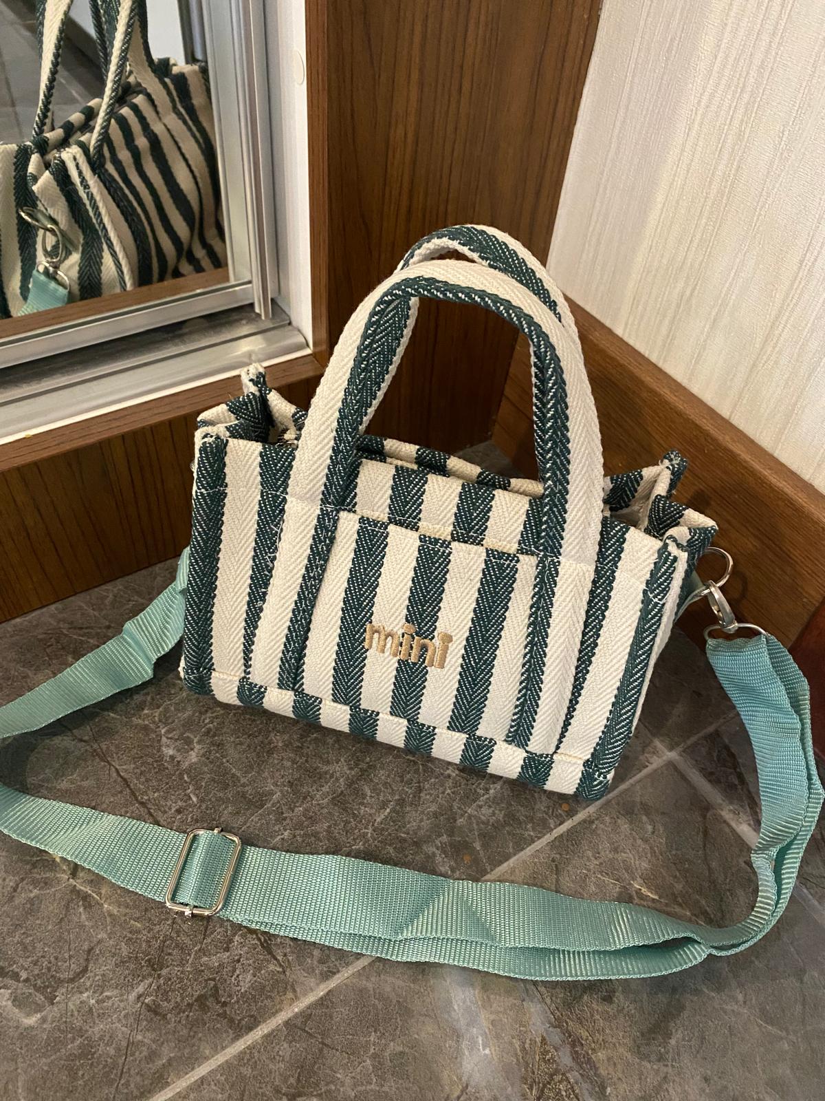 VİBE KANVAS YEŞİL BEYAZ ÇİZGİLİ KADIN MİNİ EL VE OMUZ ÇANTASI