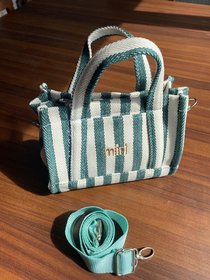 VİBE KANVAS YEŞİL BEYAZ ÇİZGİLİ KADIN MİNİ EL VE OMUZ ÇANTASI
