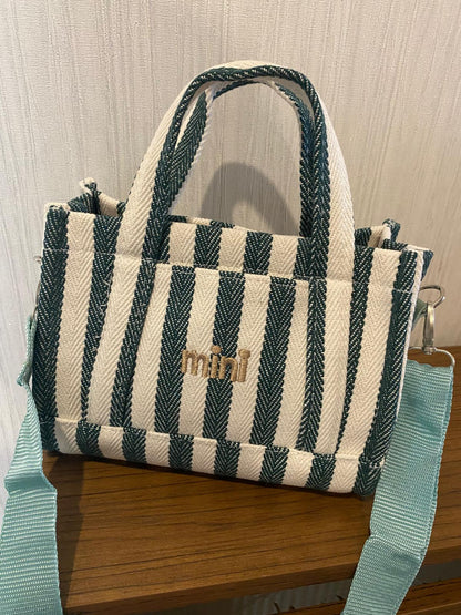 VİBE KANVAS YEŞİL BEYAZ ÇİZGİLİ KADIN MİNİ EL VE OMUZ ÇANTASI