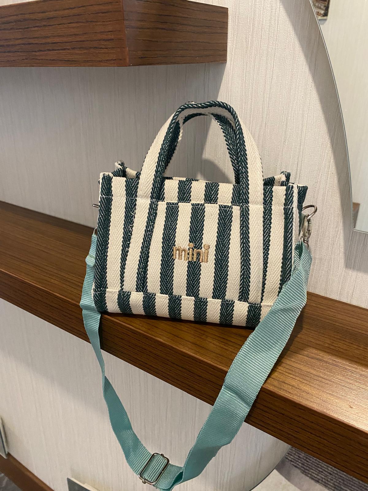 VİBE KANVAS YEŞİL BEYAZ ÇİZGİLİ KADIN MİNİ EL VE OMUZ ÇANTASI
