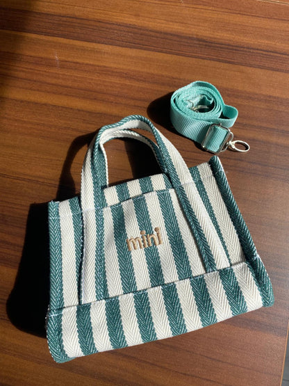 VİBE KANVAS YEŞİL BEYAZ ÇİZGİLİ KADIN MİNİ EL VE OMUZ ÇANTASI